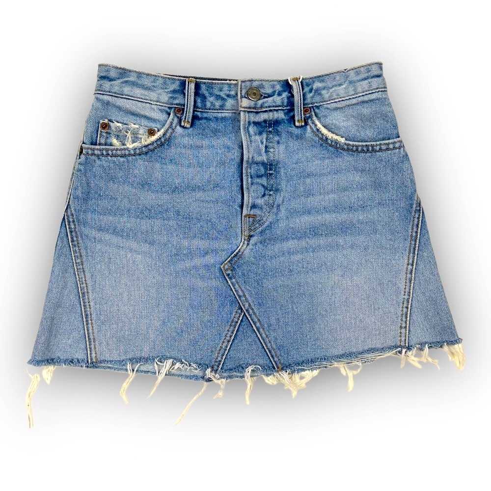 GRLFRND The Eva Denim Skirt in Car Wash Blue Cut-Off Made in USA - Size 25